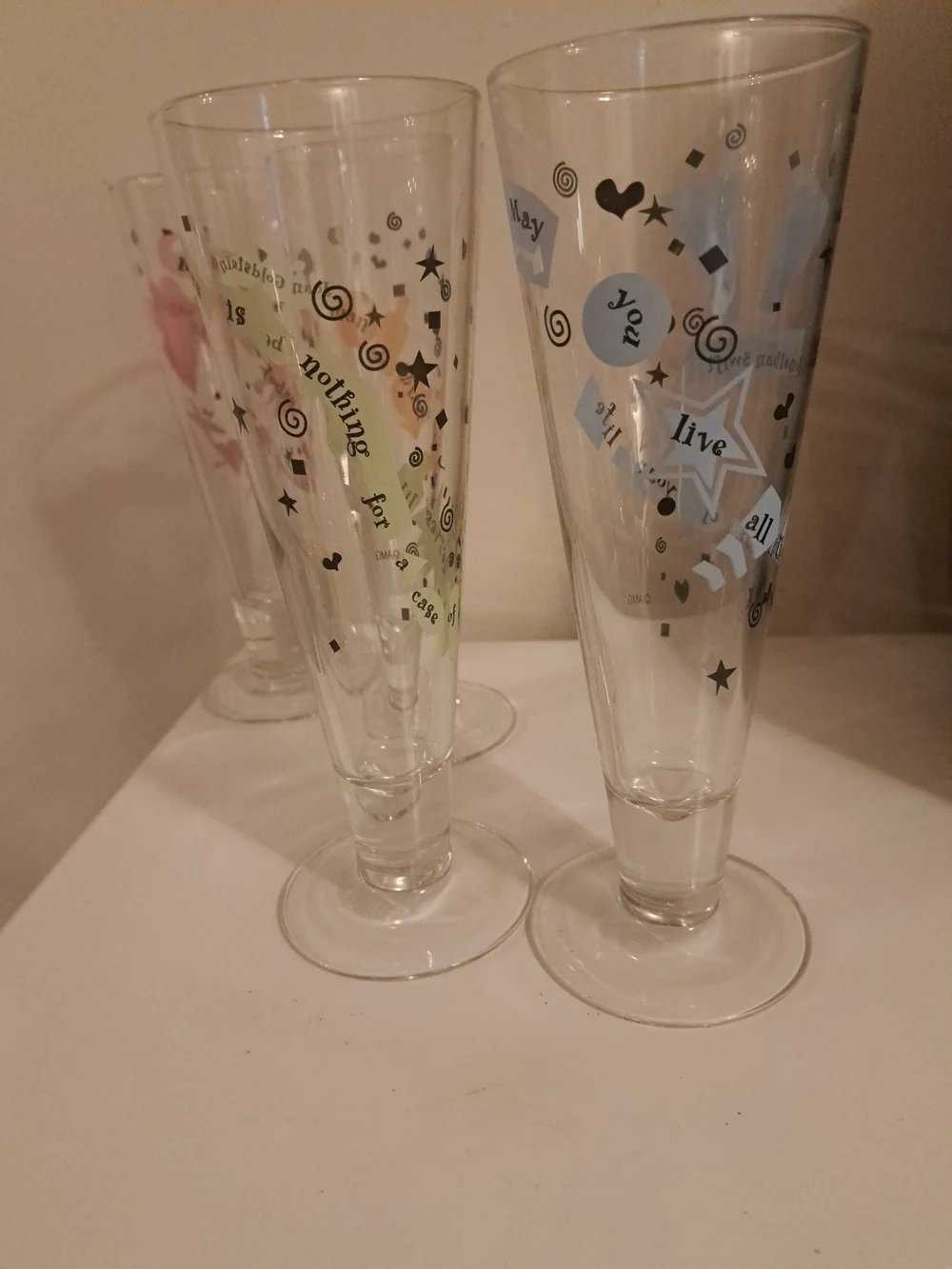 Vtg Decorative Glassware Set - Orange, Green,Blue, Pink Accent Pilsner Flutes 9